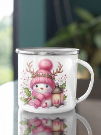 Boneco de Neve Rosa - Caneca de Esmalte