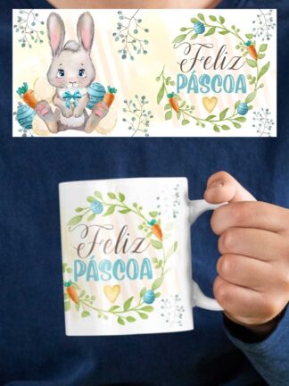 Caneca Feliz Páscoa coelho Rosa/Azul