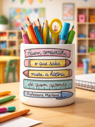 Porta-lápis Quem compartilha o que sabe muda a história de quem aprende