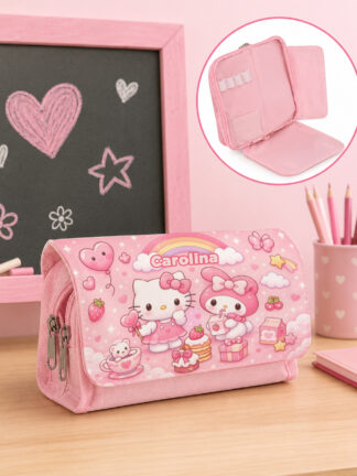 Estojo escolar com aba Kitty e Kuromi